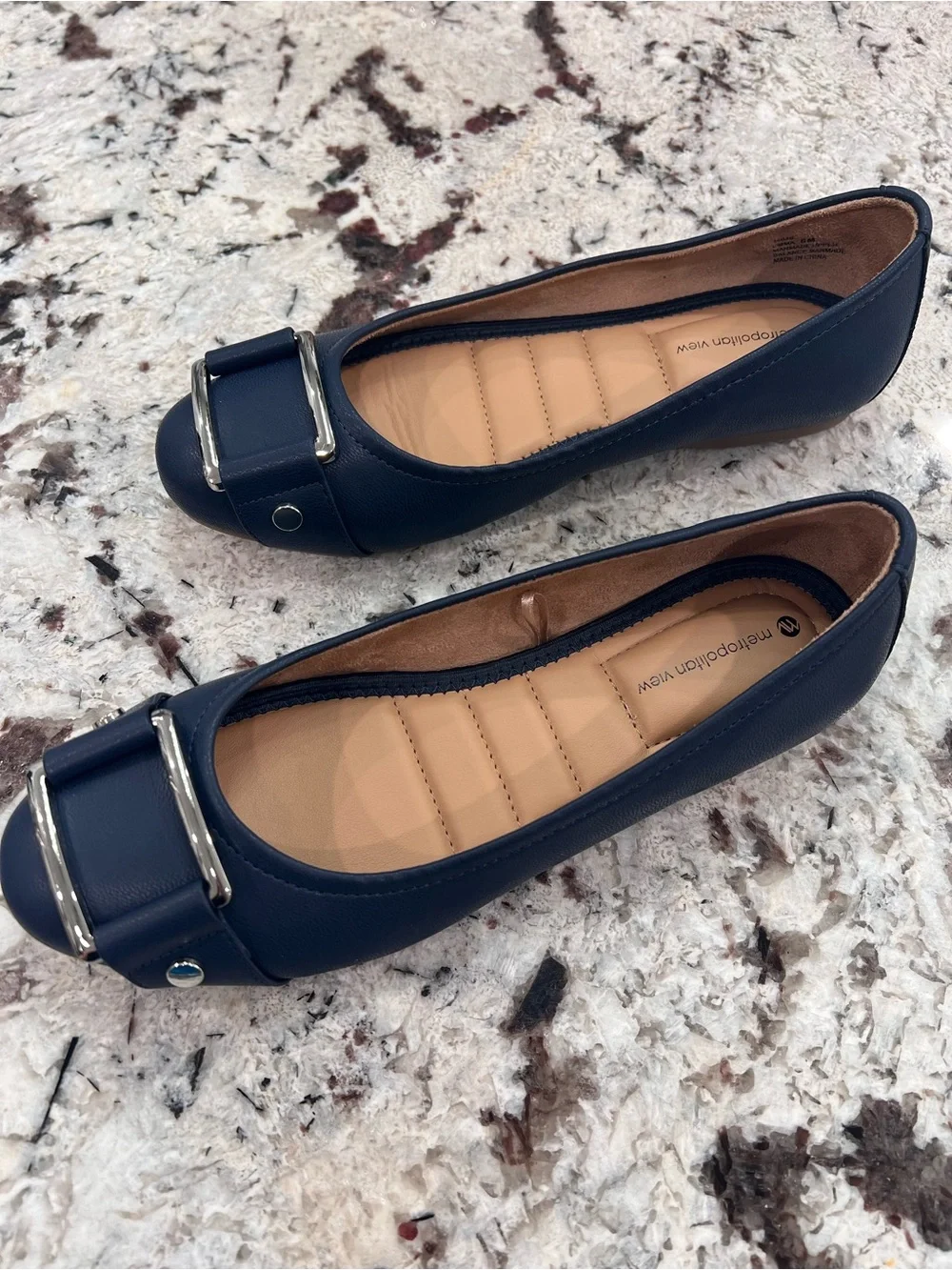 Metro Collection Navy Espadrille-Inspired Ballet Flats with Silver Buckle